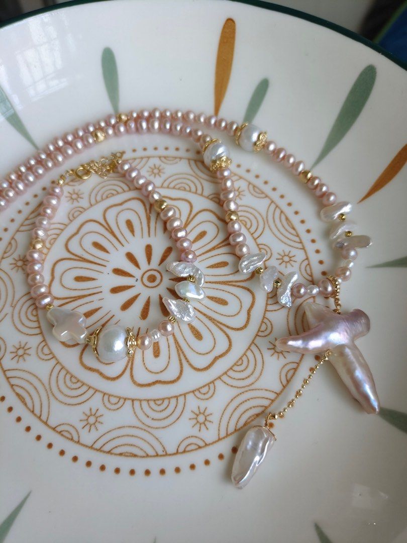 #PN63 [Sale]Pink-Purple Baroque Pearl Necklace & Bracelet |Cross Pearl