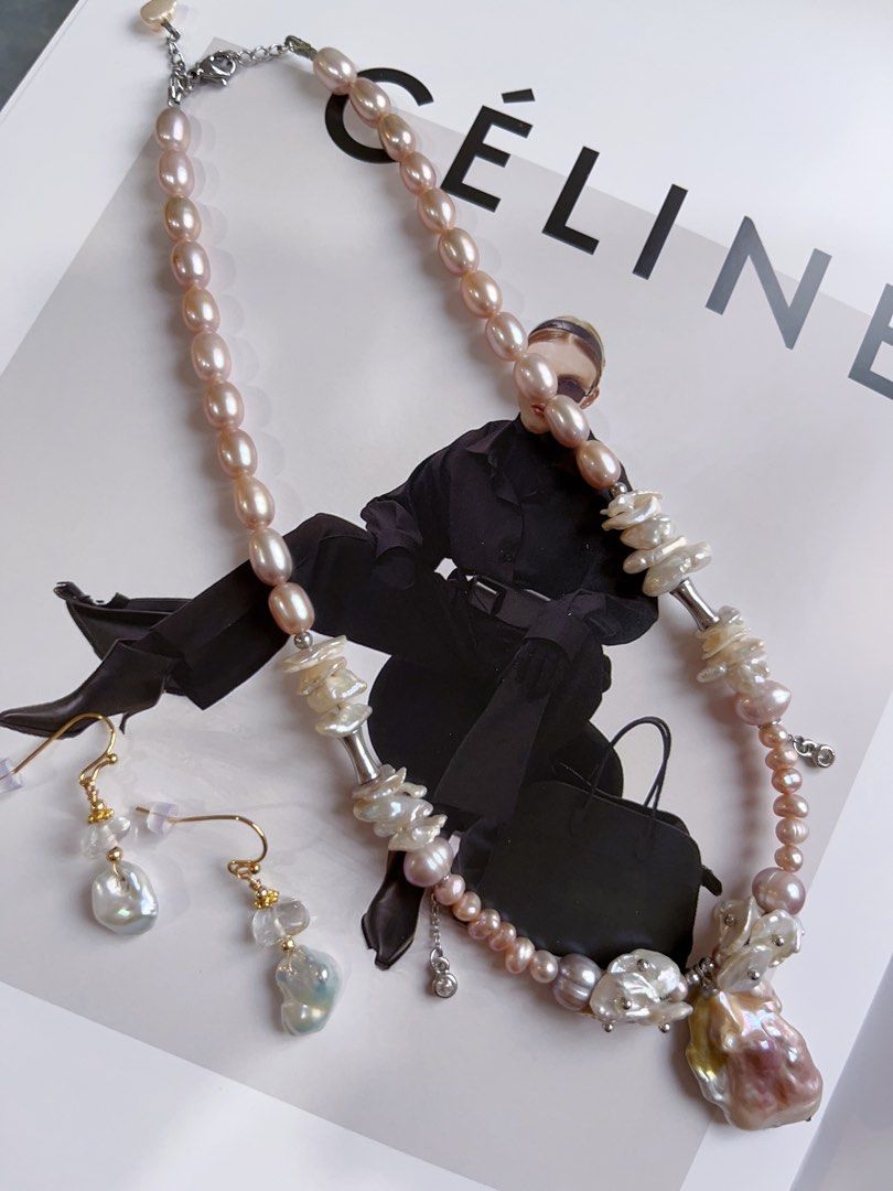 #PN141 [Floral Series] Original Design & Handmade |Genuine Freshwater Pearl Necklace & Earrings Set|Colourful|Big Baroque Pearl Pendant |Silver Style |Irregular ”Stone” Shaped Earrings