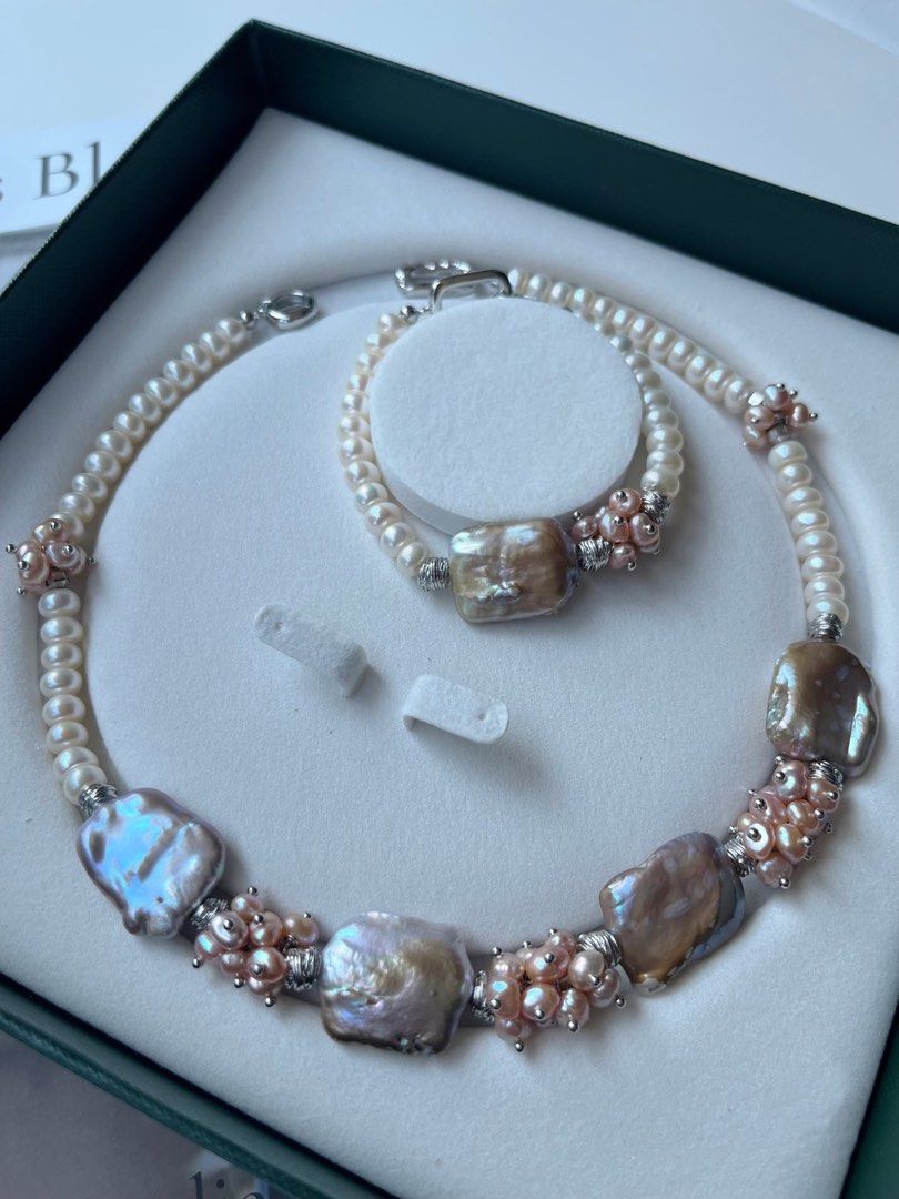 #PN128 [Floral Series] Handmade Original Design |Freshwater Pearl Necklace & Bracelet Set|Statement Piece|20mm*23mm Big Baroque Square Pearl| Silver Style |Metallic Lustre