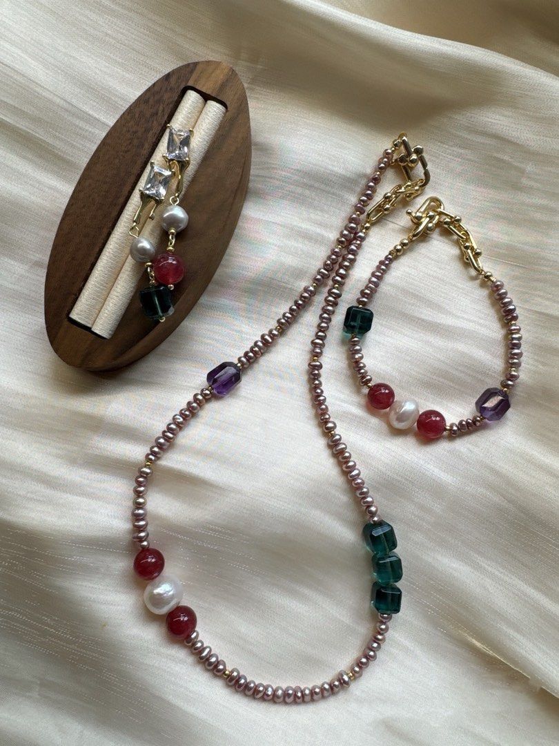 #PN15 Green Grapes| Freshwater Pearl Necklace & Bracelet & Earrings Set | High Quality Green Fluorite Cube|Amethyst Cube| Strawberry Quartz |Baby Baroque Keshi Pearl