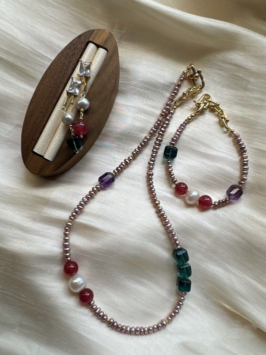 #PN15 Green Grapes| Freshwater Pearl Necklace & Bracelet & Earrings Set | High Quality Green Fluorite Cube|Amethyst Cube| Strawberry Quartz |Baby Baroque Keshi Pearl