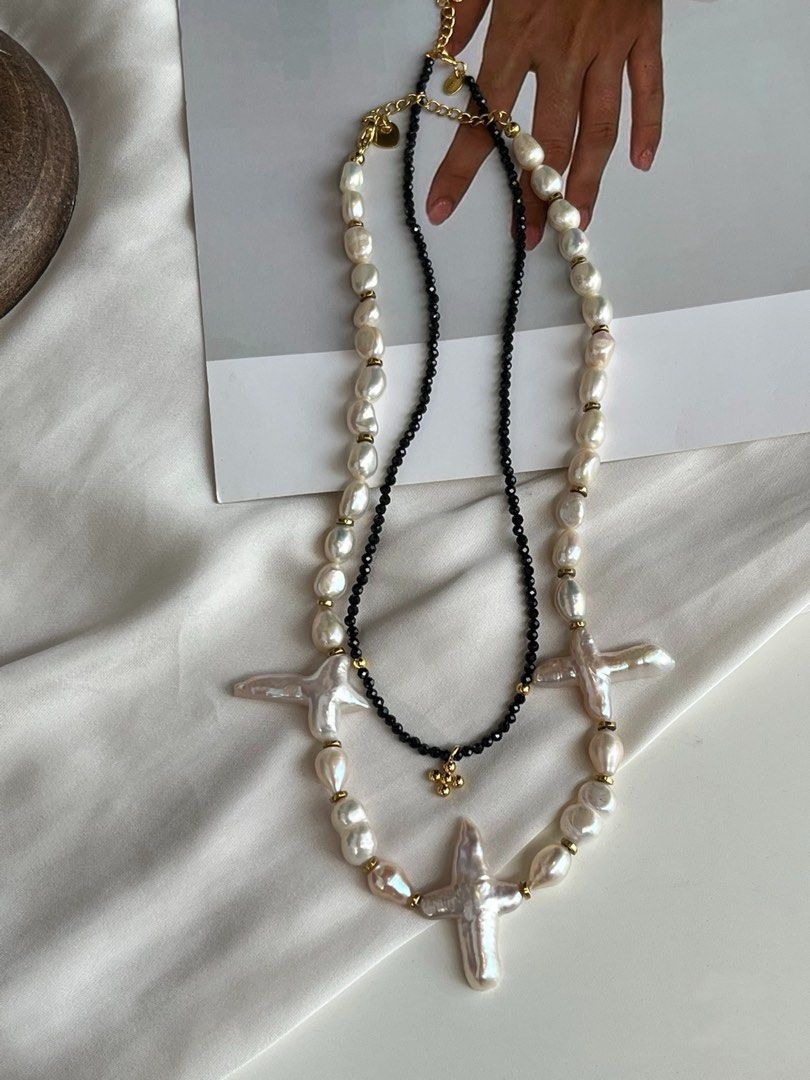#PN55 White Rose| Freshwater Pearl Necklace |Double-layered|Black Spinel|Big Cross Shaped Pearl|Baroque Pearl |Can Wear Separately