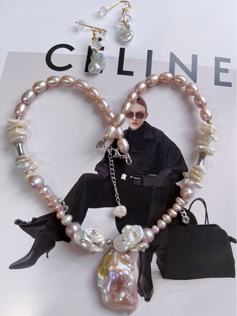 #PN141 [Floral Series] Original Design & Handmade |Genuine Freshwater Pearl Necklace & Earrings Set|Colourful|Big Baroque Pearl Pendant |Silver Style |Irregular ”Stone” Shaped Earrings