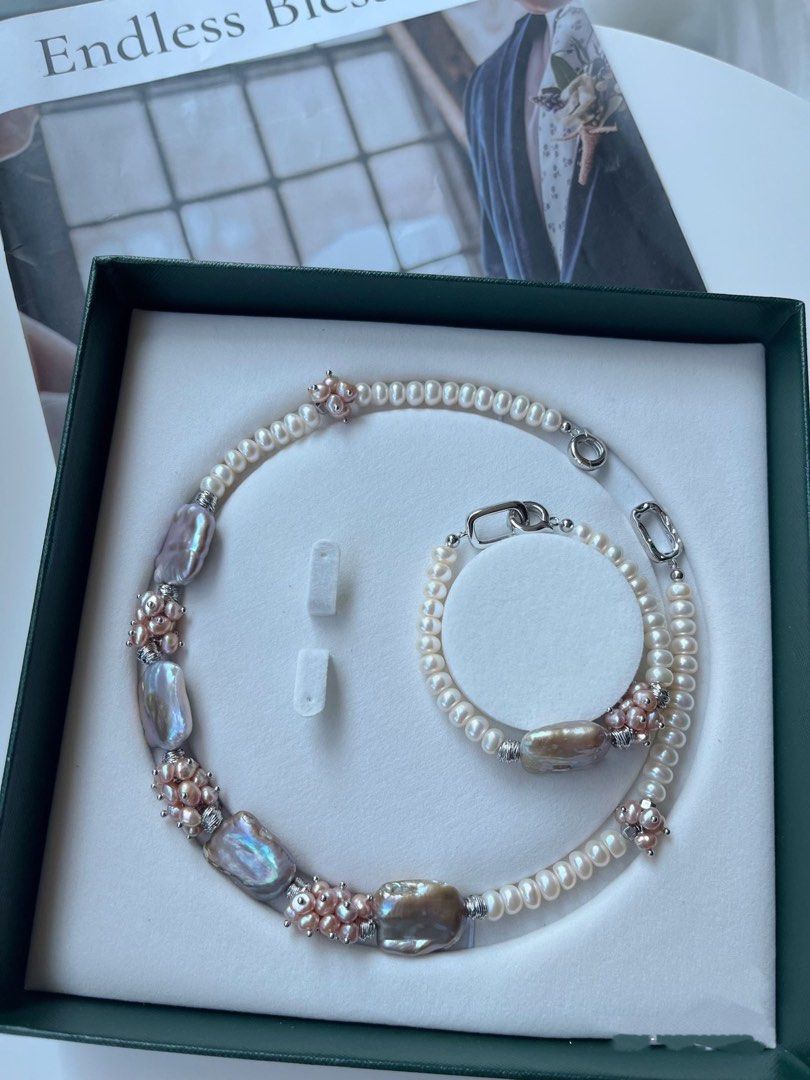 #PN128 [Floral Series] Handmade Original Design |Freshwater Pearl Necklace & Bracelet Set|Statement Piece|20mm*23mm Big Baroque Square Pearl| Silver Style |Metallic Lustre