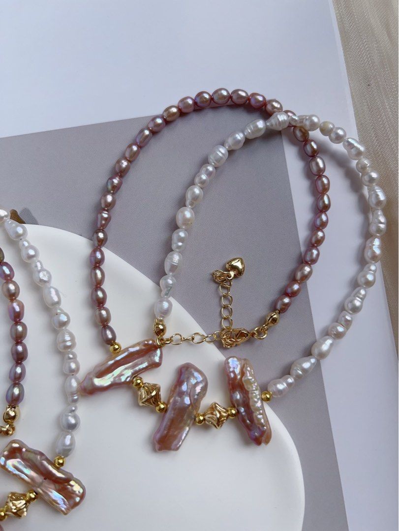 #PN76 [Hybrid Design] Freshwater Pearl Necklace |Half White Half Purple |Baroque Pearl |Gourd Shaped |Lute Shaped |Lustrous