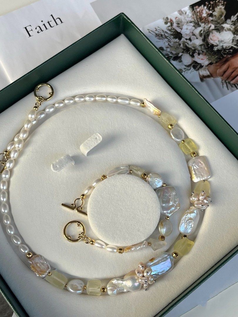 #PN236 [Floral Series] Light Wind| Freshwater Pearl Necklace & Bracelet Set |Raw Lemon Yellow Quartz| Petal Pearl