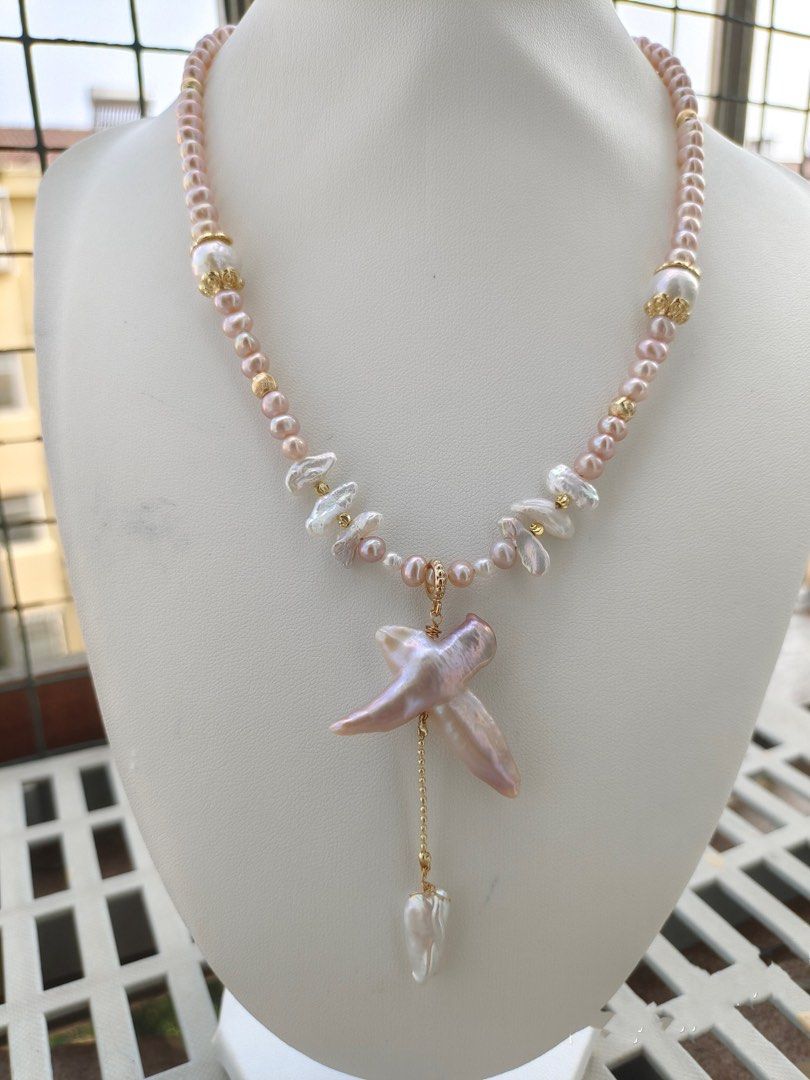 #PN63 [Sale]Pink-Purple Baroque Pearl Necklace & Bracelet |Cross Pearl