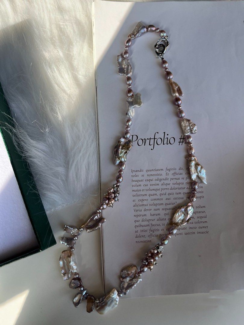 #PN158 [Floral Series] Pure Purple |Freshwater Pearl Necklace |Long |Irregular Big Baroque Pearl |Pearl Flowers|Purple & Silver