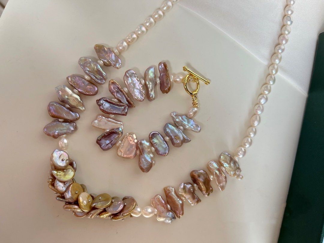 #PN24 [Floral Series] Under the Sea |Freshwater Pearl Necklace & Bracelet Set | Coin Pearl Made into Petals|Big Lute Shaped Pearl |Lustrous