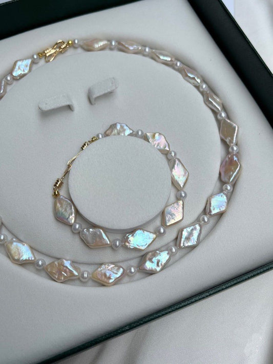 #PN192 [Sale]Rainbow Miracle |Freshwater Pearl Bracelet & Necklace Set|Rhombus Shaped Pearl