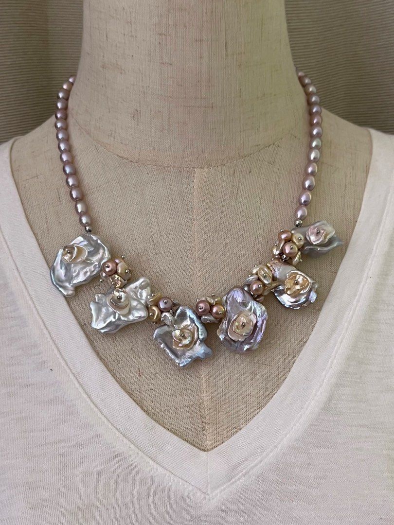#PN168 [Floral Series] Genuine Freshwater Pearl Necklace |Irregular Baroque Pearl |Petals Pearls |Exaggeration|Mixed Colour