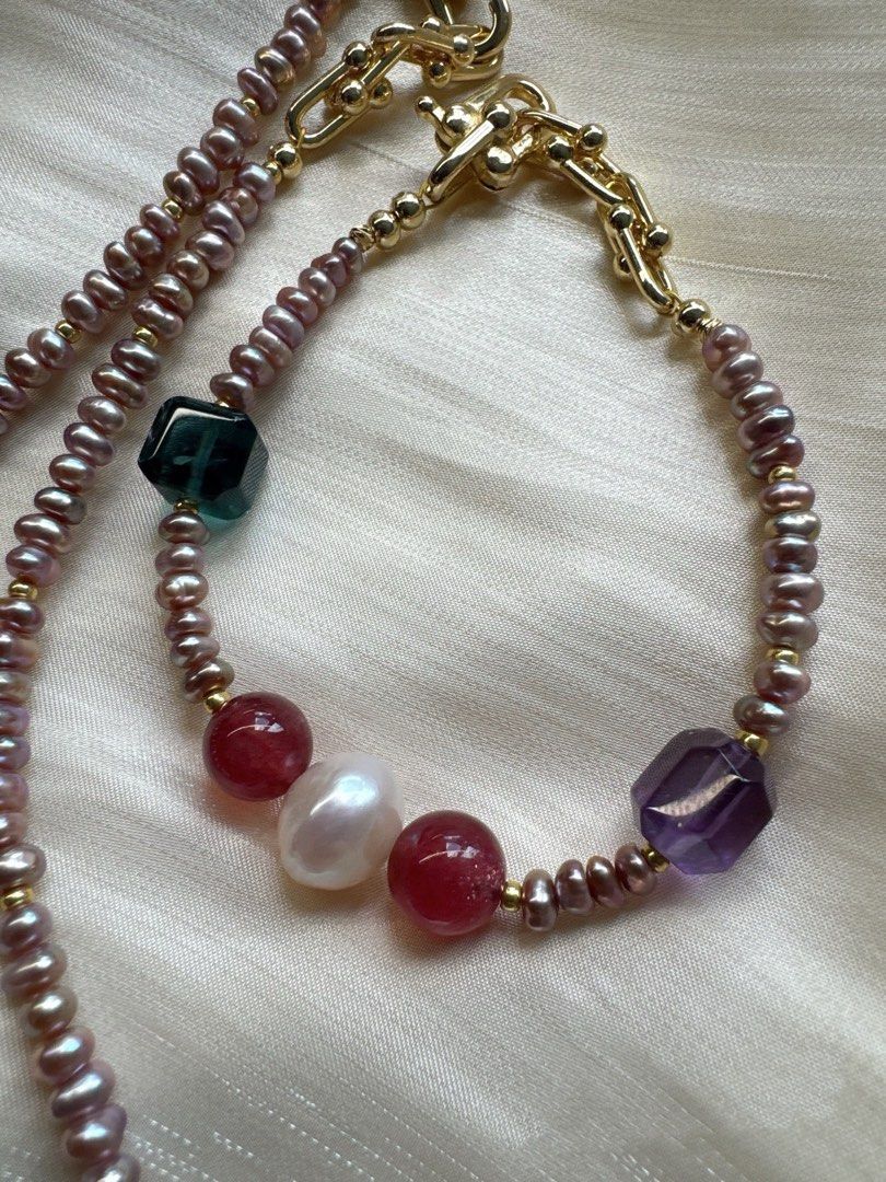 #PN15 Green Grapes| Freshwater Pearl Necklace & Bracelet & Earrings Set | High Quality Green Fluorite Cube|Amethyst Cube| Strawberry Quartz |Baby Baroque Keshi Pearl