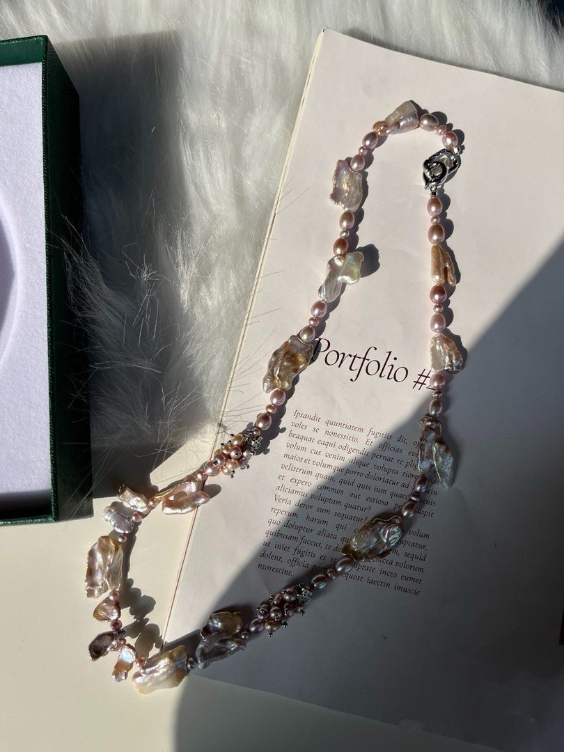 #PN158 [Floral Series] Pure Purple |Freshwater Pearl Necklace |Long |Irregular Big Baroque Pearl |Pearl Flowers|Purple & Silver