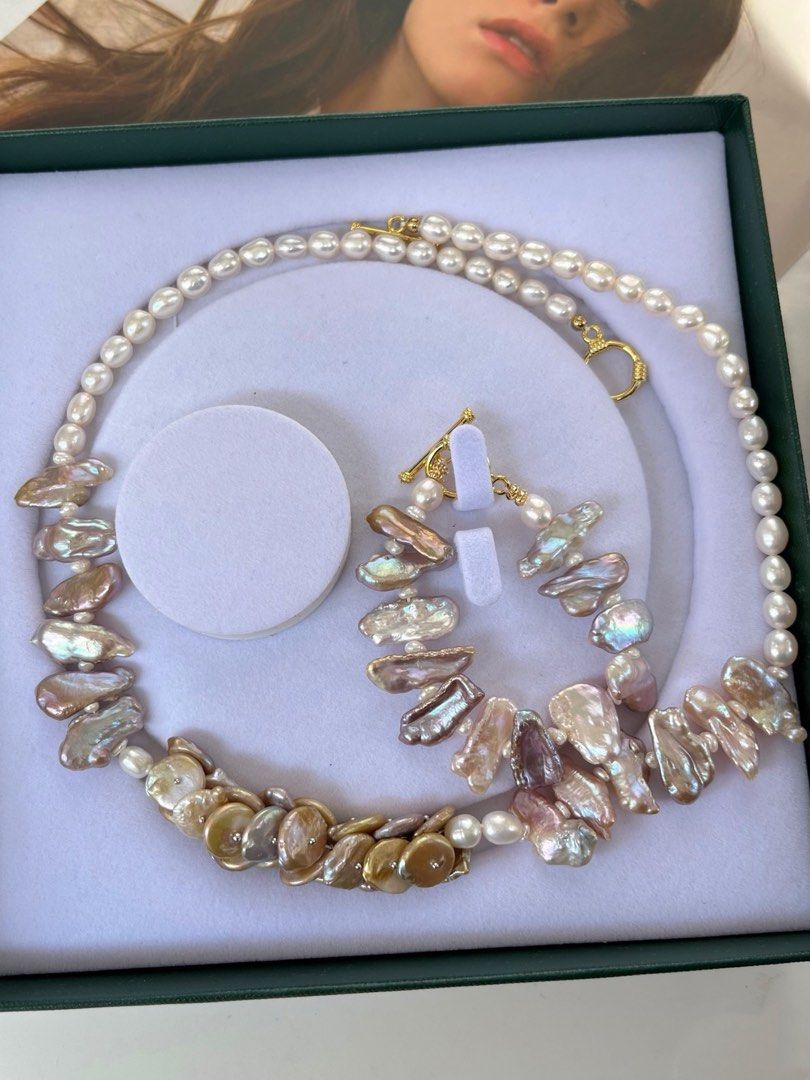 #PN24 [Floral Series] Under the Sea |Freshwater Pearl Necklace & Bracelet Set | Coin Pearl Made into Petals|Big Lute Shaped Pearl |Lustrous