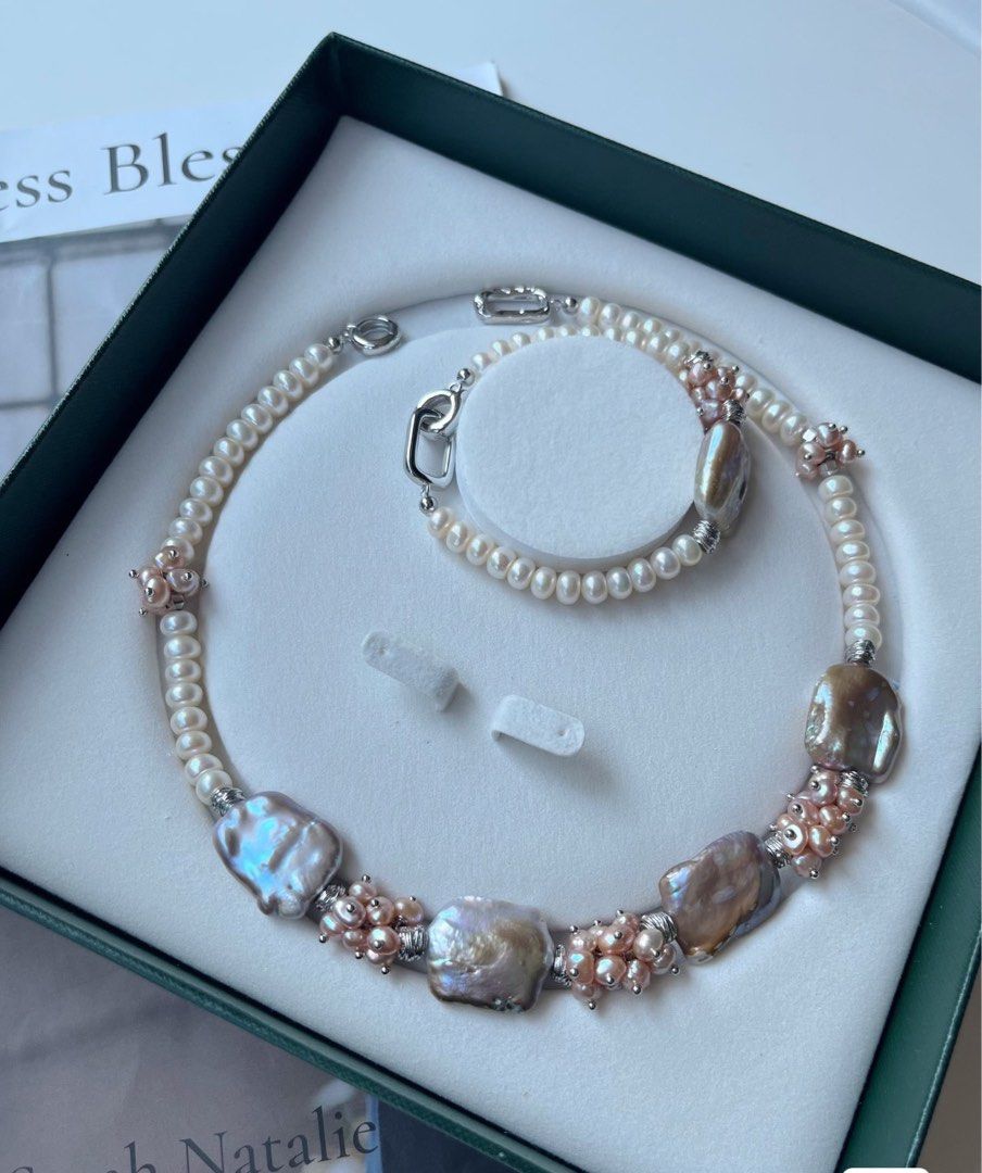 #PN128 [Floral Series] Handmade Original Design |Freshwater Pearl Necklace & Bracelet Set|Statement Piece|20mm*23mm Big Baroque Square Pearl| Silver Style |Metallic Lustre