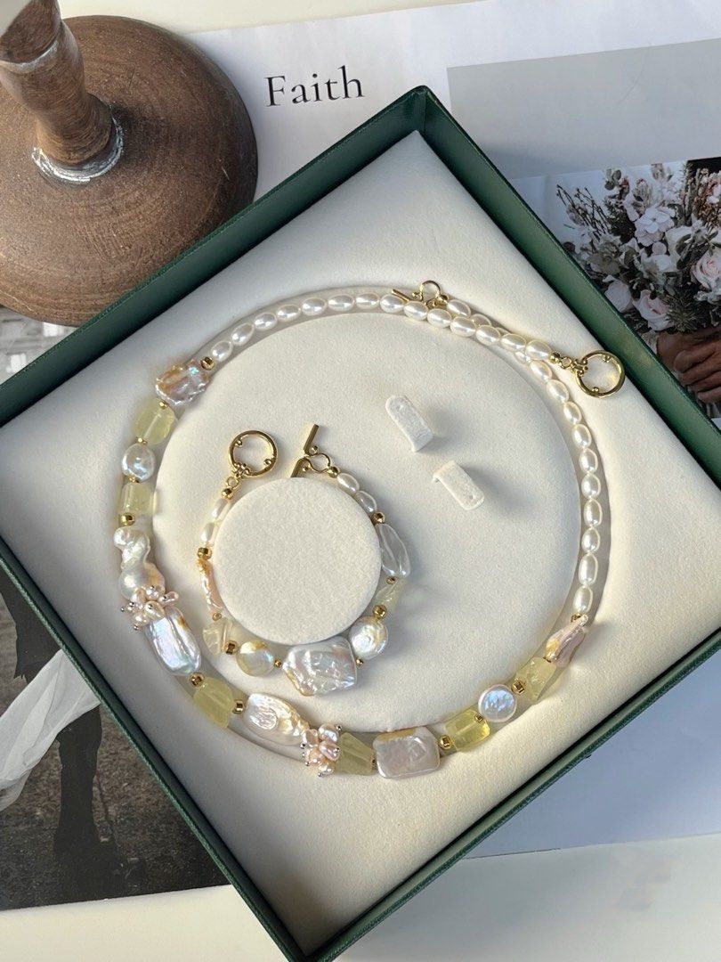 #PN236 [Floral Series] Light Wind| Freshwater Pearl Necklace & Bracelet Set |Raw Lemon Yellow Quartz| Petal Pearl