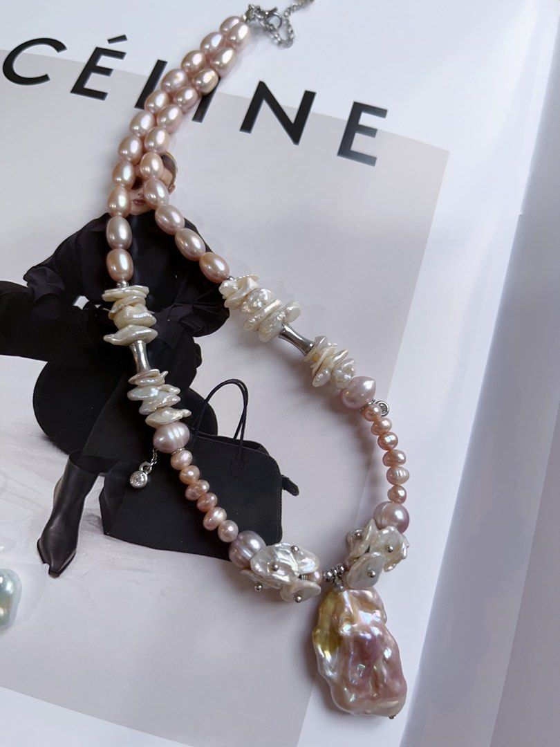 #PN141 [Floral Series] Original Design & Handmade |Genuine Freshwater Pearl Necklace & Earrings Set|Colourful|Big Baroque Pearl Pendant |Silver Style |Irregular ”Stone” Shaped Earrings