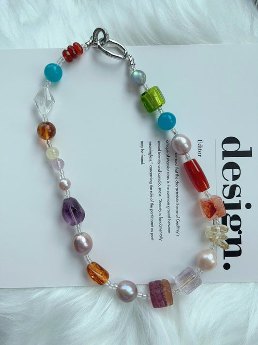 #PN275 [Open Box] Multi Natural Stones & Freshwater Pearl Necklace | Amazonite | Purple Quartz | Amber | Red Agate | Cinnabar | Lemon Quartz | Fluorite | Grey Moonstone | Big Baroque Pearl