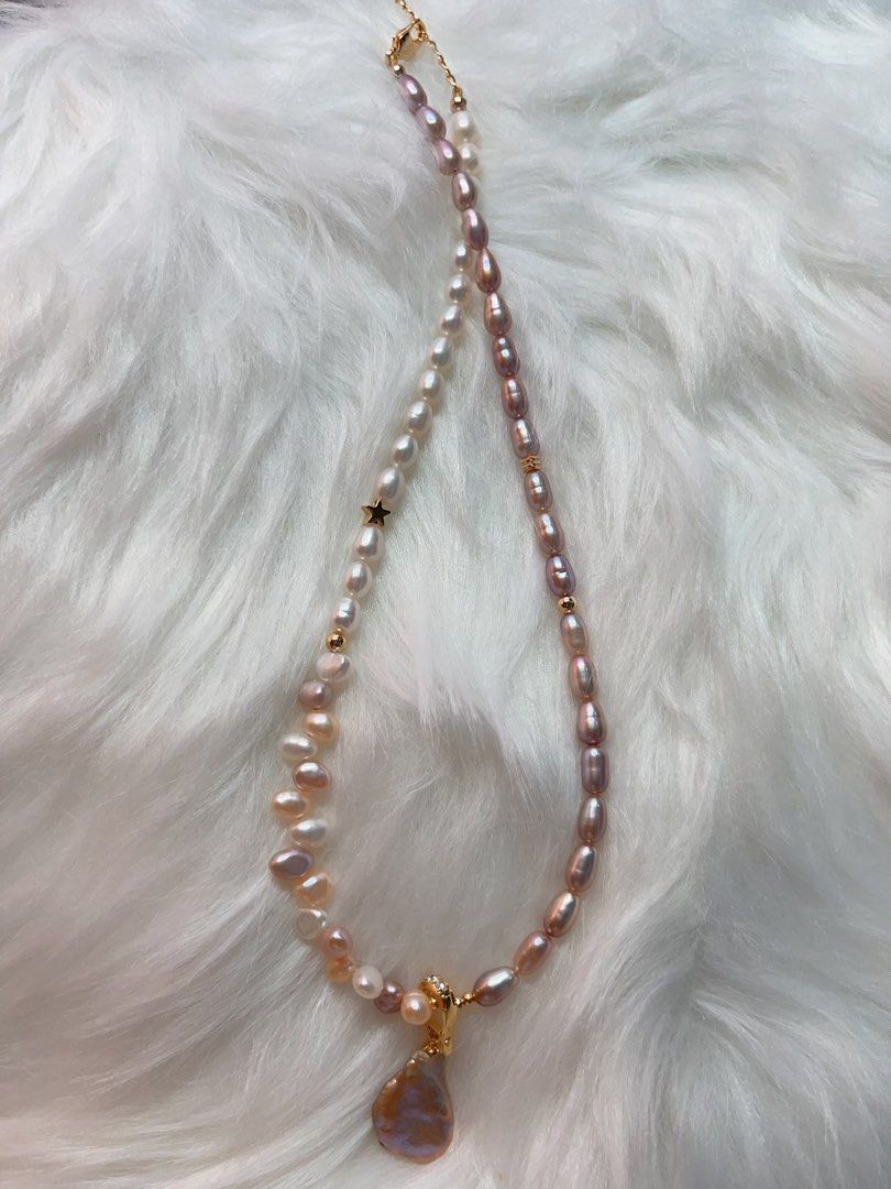 #PN284 Radiance of the Sea| Freshwater Pearl Necklace | Wheat Ears Design| Removable Pendant | Lustrous | Big Petal Pearl | Rice Pearl