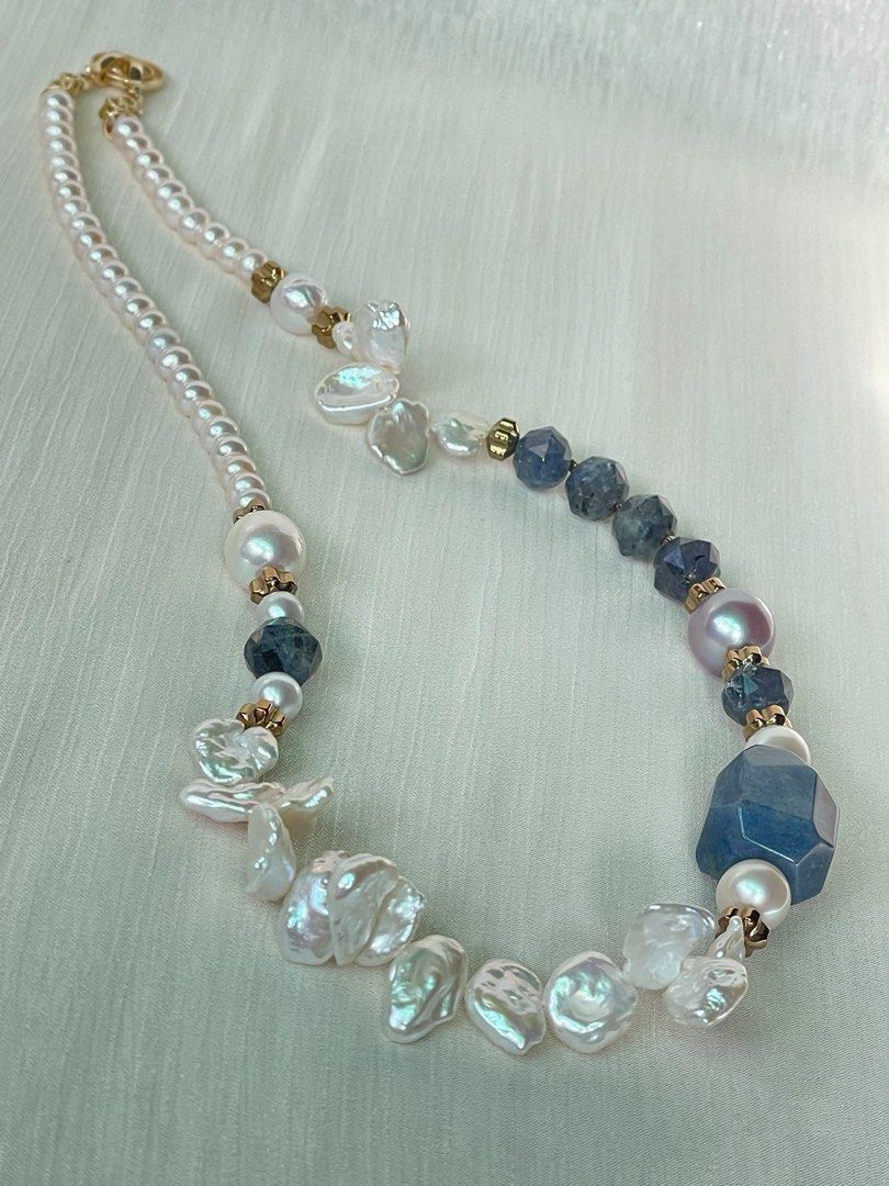#PN75 Pearlescent Bliss| Freshwater Pearl Necklace | Big Sodalite Faceted| Flower Petal Baroque Pearl | Edison Pearl | Iolite