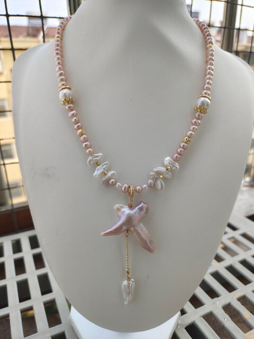 #PN63 [Sale]Pink-Purple Baroque Pearl Necklace & Bracelet |Cross Pearl