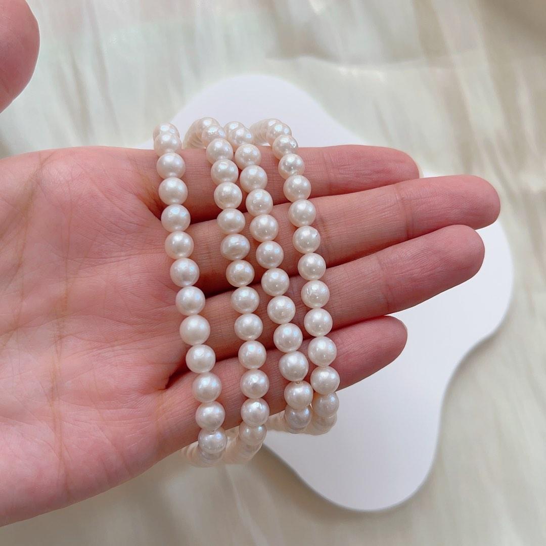 #PN93 Double-layered Genuine Freshwater Pearl Necklace White Round Pearls 5mm