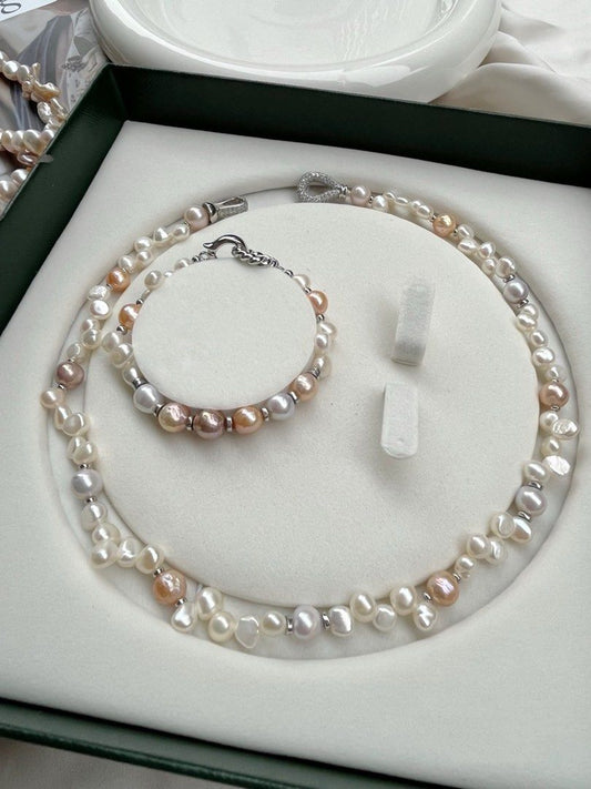 #PN250 Candy Crush |Freshwater Pearl Necklace & Bracelet Set |Zircon Clasp|Baroque Pearl |Irregular|Lustrous