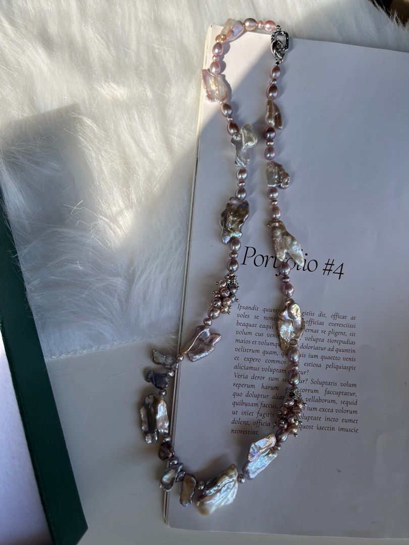 #PN158 [Floral Series] Pure Purple |Freshwater Pearl Necklace |Long |Irregular Big Baroque Pearl |Pearl Flowers|Purple & Silver