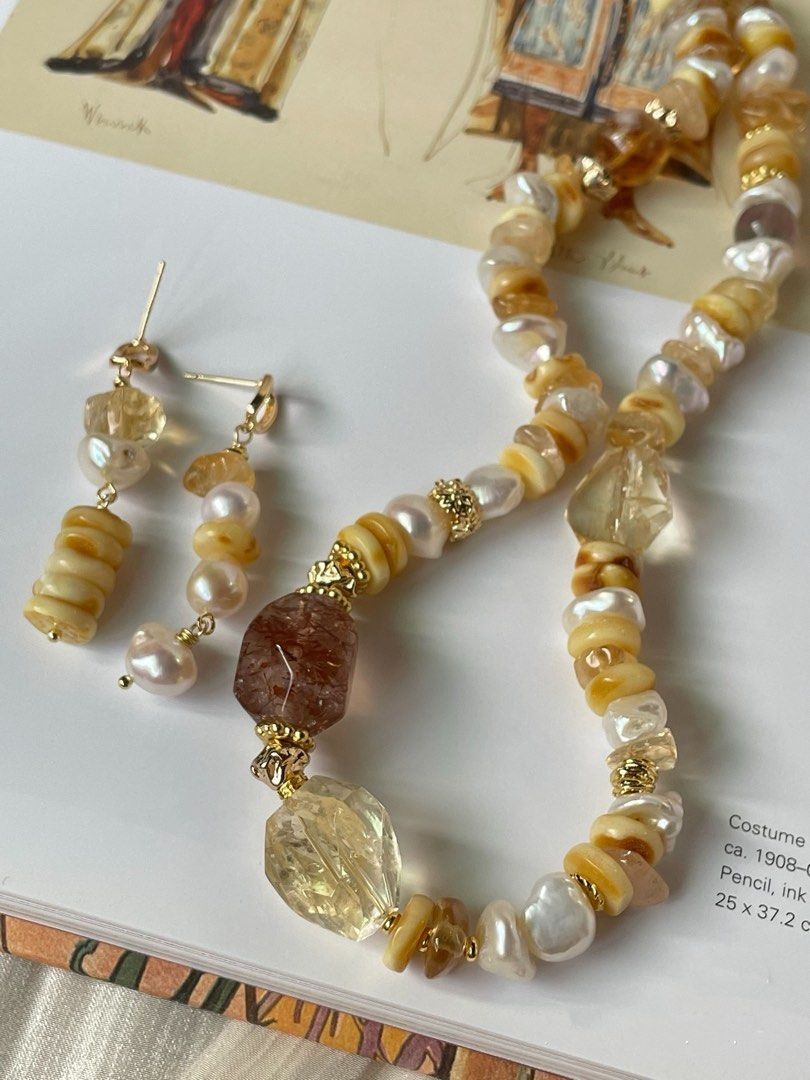 #PN35 Luminous Layers| Freshwater Pearl Necklace & Earrings Set | Beeswax Stack|Pearl “Chip”| Citrine Freeform | Big Black Gold Super 7 Free Form|Fluorite