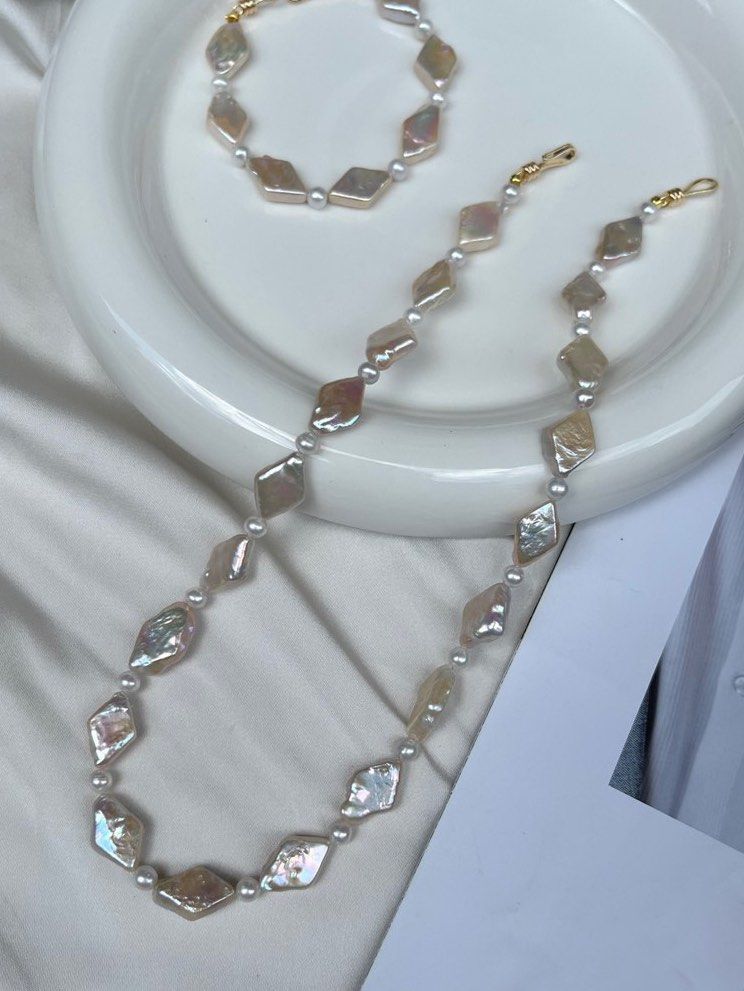 #PN192 [Sale]Rainbow Miracle |Freshwater Pearl Bracelet & Necklace Set|Rhombus Shaped Pearl