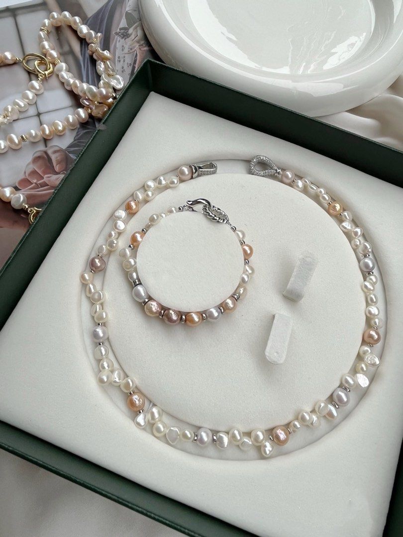 #PN250 Candy Crush |Freshwater Pearl Necklace & Bracelet Set |Zircon Clasp|Baroque Pearl |Irregular|Lustrous