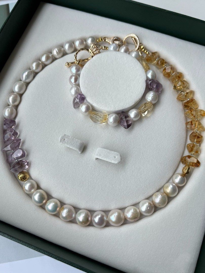 #PN237 Make a Presence | Freshwater Pearl Necklace & Bracelet Set|Yellow Quartz |Purple Quartz |High Quality National Stones|Big Baroque Pearl