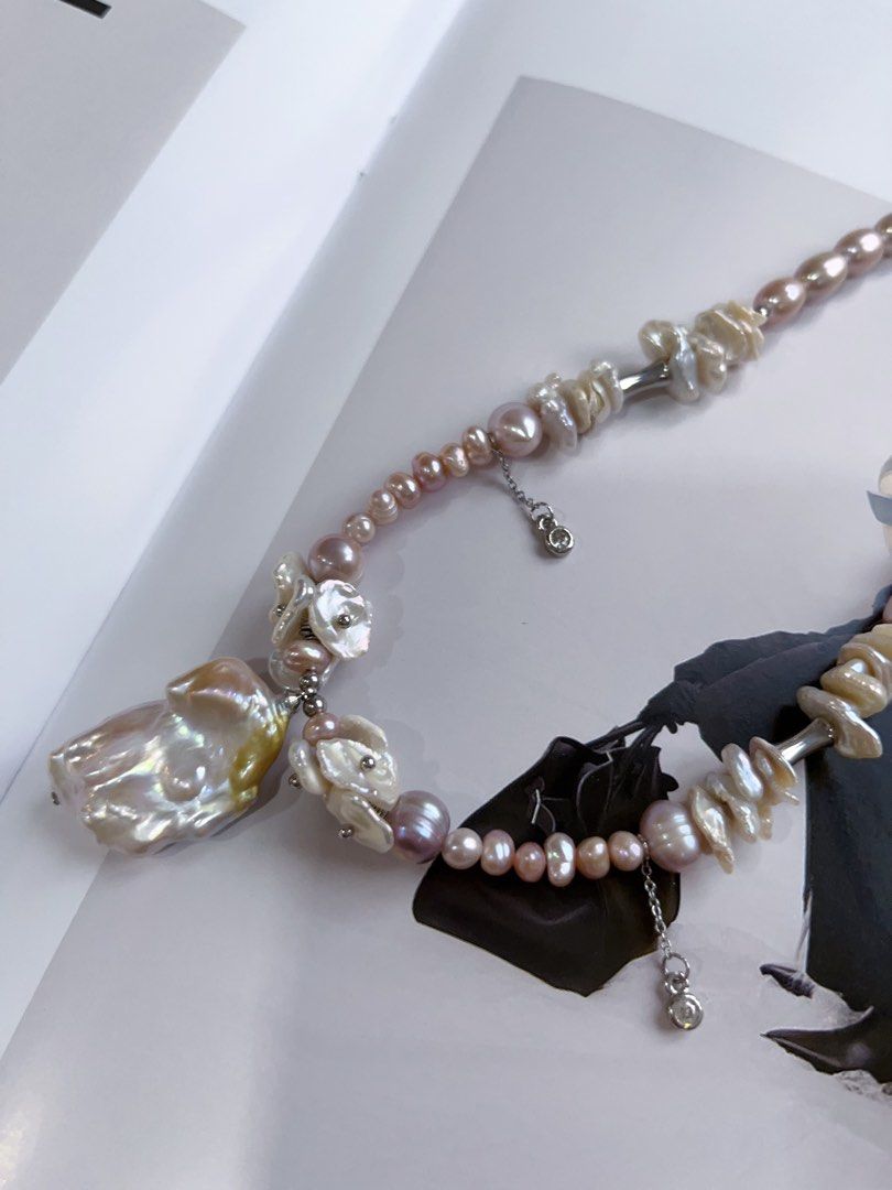 #PN141 [Floral Series] Original Design & Handmade |Genuine Freshwater Pearl Necklace & Earrings Set|Colourful|Big Baroque Pearl Pendant |Silver Style |Irregular ”Stone” Shaped Earrings