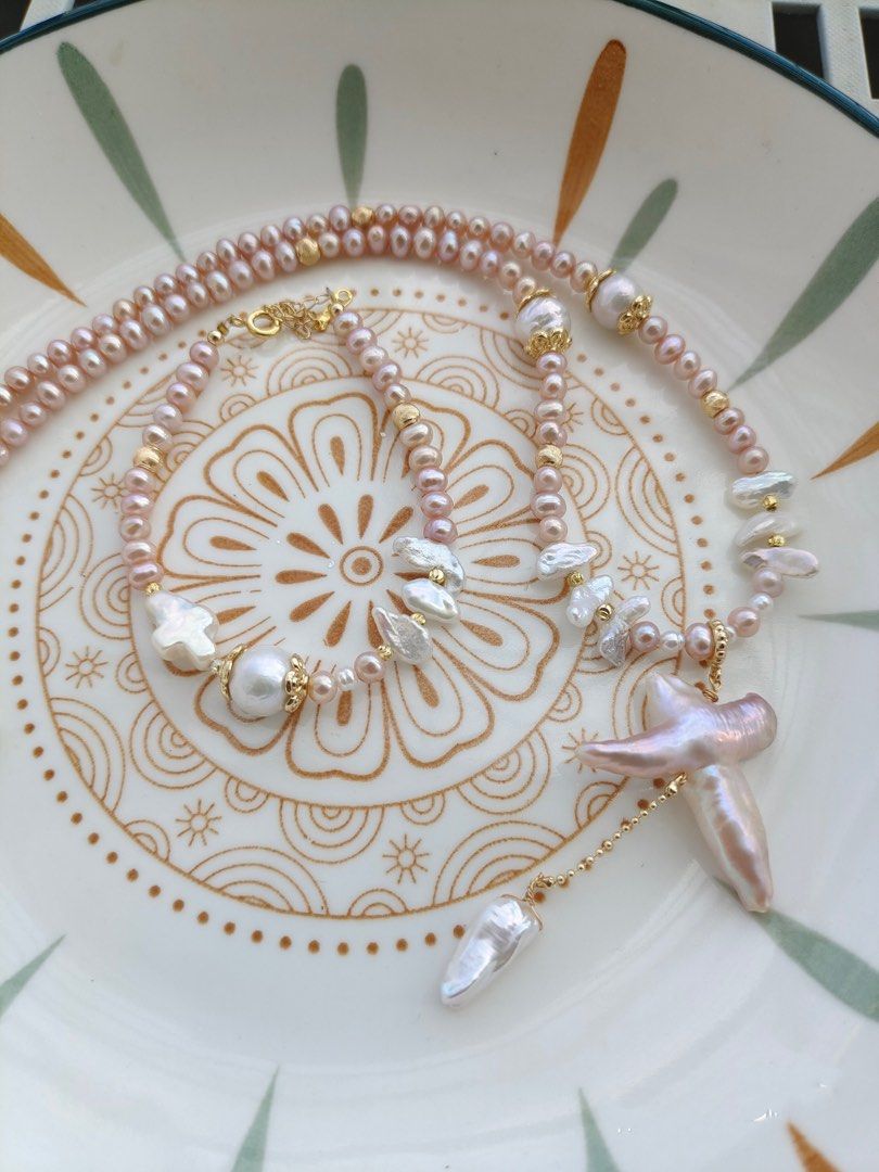 #PN63 [Sale]Pink-Purple Baroque Pearl Necklace & Bracelet |Cross Pearl