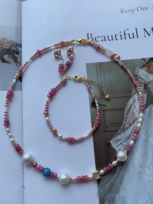 #PN207 Freshwater Pearl Necklace & Bracelet & Earrings Set| Tourmaline|White Edison & Pink Baroque Pearls
