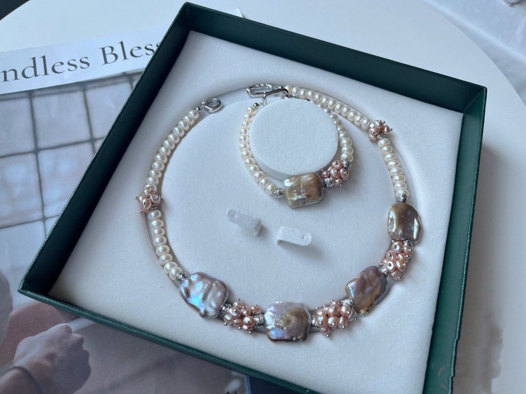 #PN128 [Floral Series] Handmade Original Design |Freshwater Pearl Necklace & Bracelet Set|Statement Piece|20mm*23mm Big Baroque Square Pearl| Silver Style |Metallic Lustre