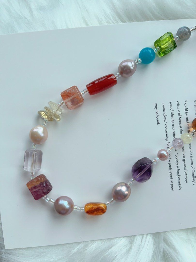 #PN275 [Open Box] Multi Natural Stones & Freshwater Pearl Necklace | Amazonite | Purple Quartz | Amber | Red Agate | Cinnabar | Lemon Quartz | Fluorite | Grey Moonstone | Big Baroque Pearl