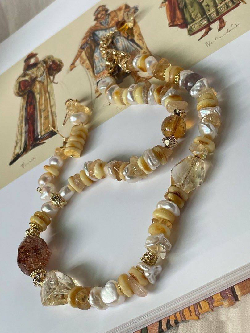 #PN35 Luminous Layers| Freshwater Pearl Necklace & Earrings Set | Beeswax Stack|Pearl “Chip”| Citrine Freeform | Big Black Gold Super 7 Free Form|Fluorite