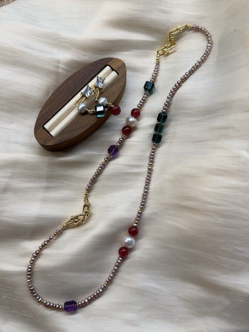 #PN15 Green Grapes| Freshwater Pearl Necklace & Bracelet & Earrings Set | High Quality Green Fluorite Cube|Amethyst Cube| Strawberry Quartz |Baby Baroque Keshi Pearl