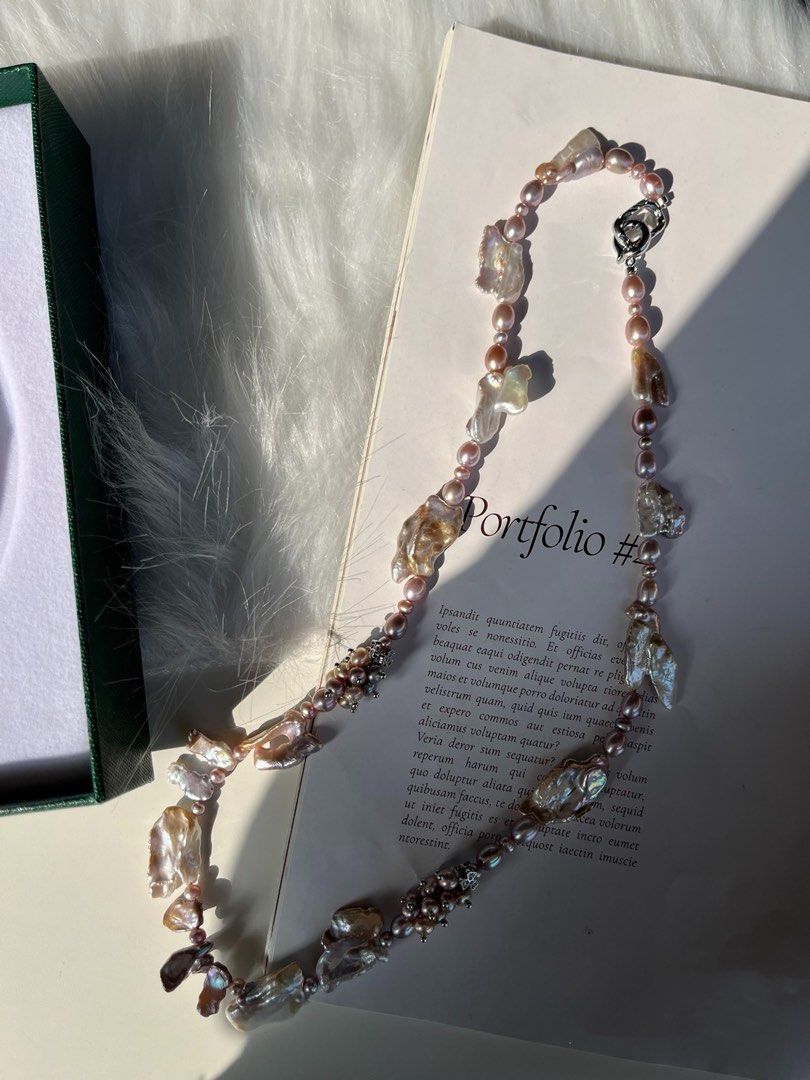 #PN158 [Floral Series] Pure Purple |Freshwater Pearl Necklace |Long |Irregular Big Baroque Pearl |Pearl Flowers|Purple & Silver