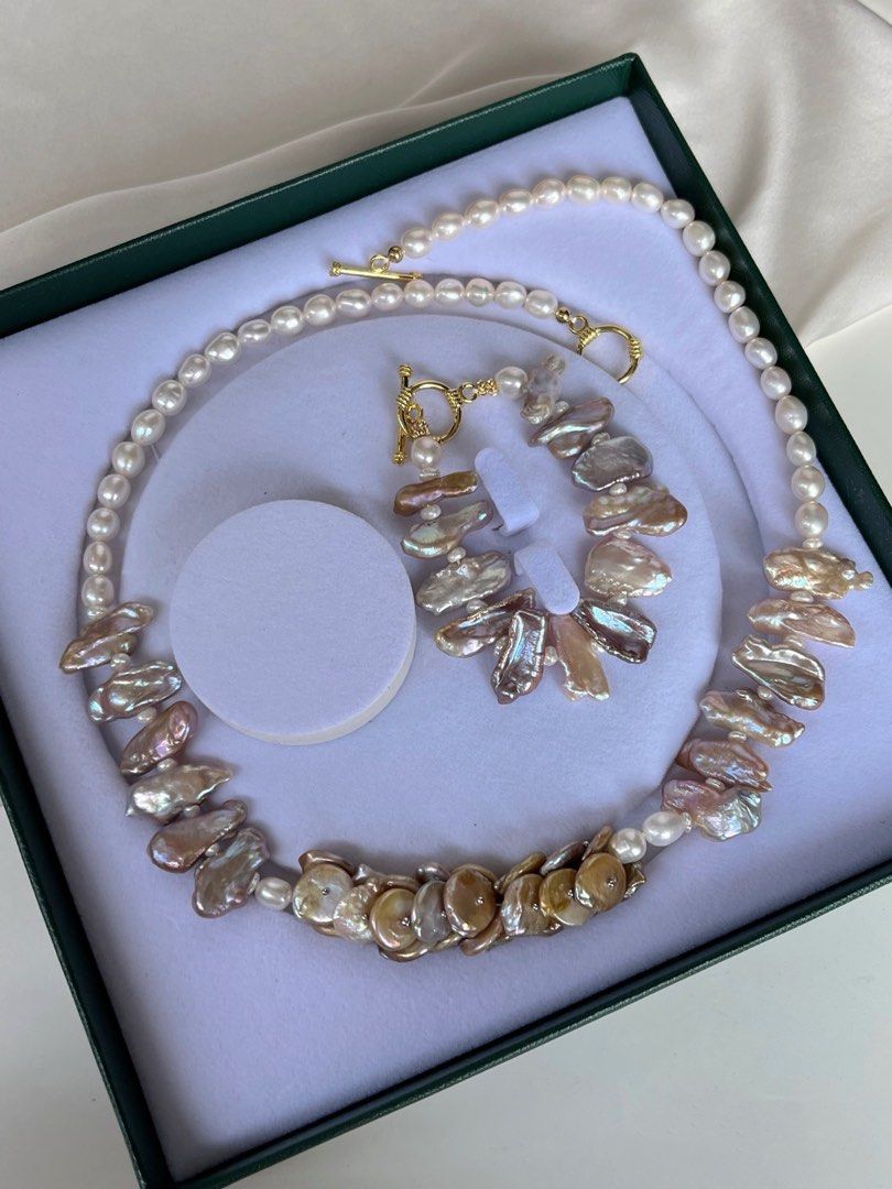 #PN24 [Floral Series] Under the Sea |Freshwater Pearl Necklace & Bracelet Set | Coin Pearl Made into Petals|Big Lute Shaped Pearl |Lustrous