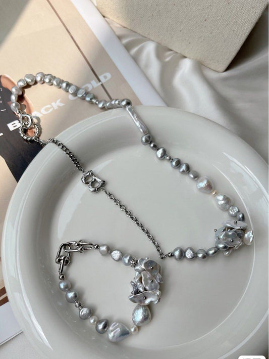 #PN129 [Floral Series] Freshwater Pearl Necklace & Bracelet Set|Silver Cool Style |Floral and Baroque Pearl