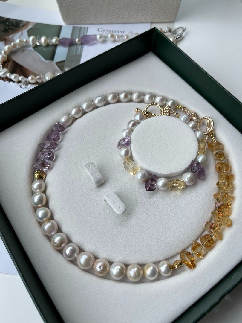 #PN237 Make a Presence | Freshwater Pearl Necklace & Bracelet Set|Yellow Quartz |Purple Quartz |High Quality National Stones|Big Baroque Pearl