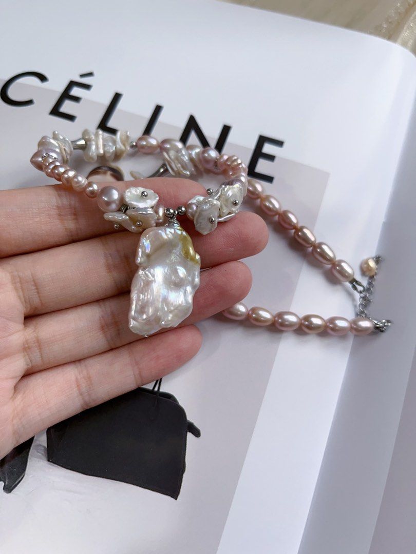 #PN141 [Floral Series] Original Design & Handmade |Genuine Freshwater Pearl Necklace & Earrings Set|Colourful|Big Baroque Pearl Pendant |Silver Style |Irregular ”Stone” Shaped Earrings