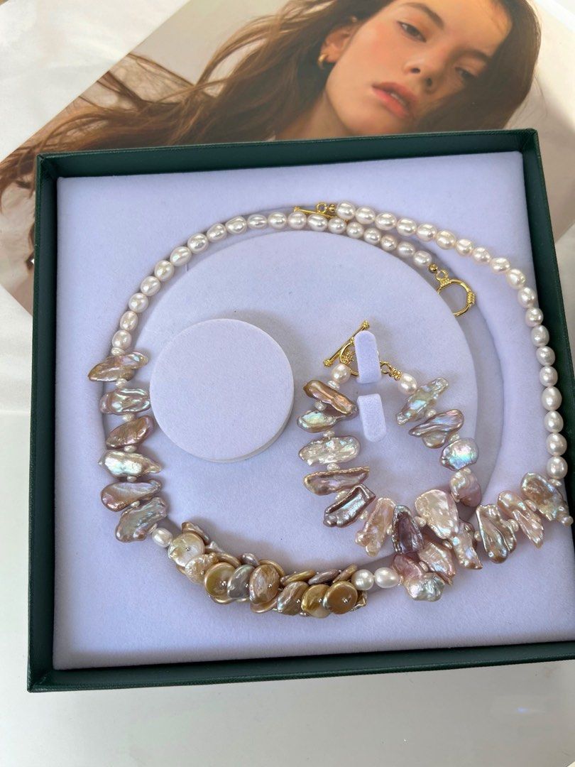 #PN24 [Floral Series] Under the Sea |Freshwater Pearl Necklace & Bracelet Set | Coin Pearl Made into Petals|Big Lute Shaped Pearl |Lustrous