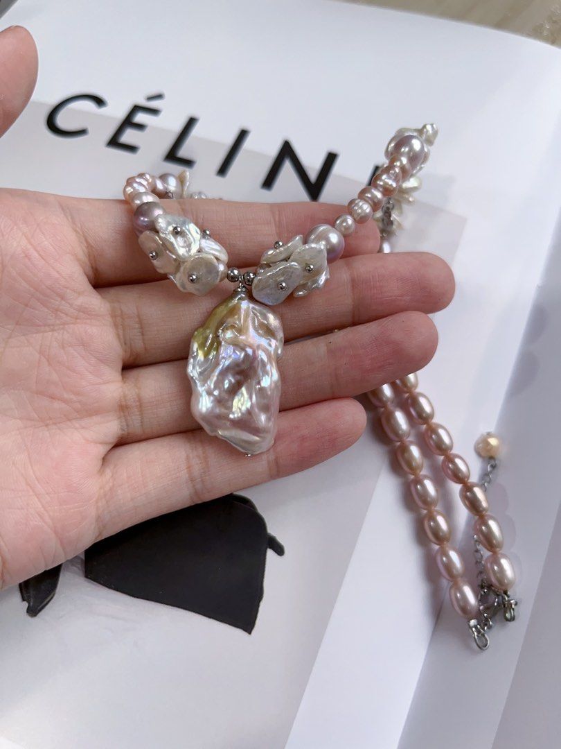 #PN141 [Floral Series] Original Design & Handmade |Genuine Freshwater Pearl Necklace & Earrings Set|Colourful|Big Baroque Pearl Pendant |Silver Style |Irregular ”Stone” Shaped Earrings