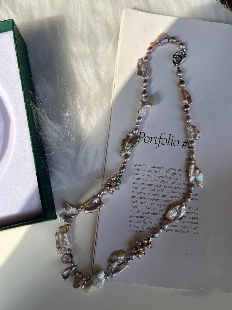 #PN158 [Floral Series] Pure Purple |Freshwater Pearl Necklace |Long |Irregular Big Baroque Pearl |Pearl Flowers|Purple & Silver