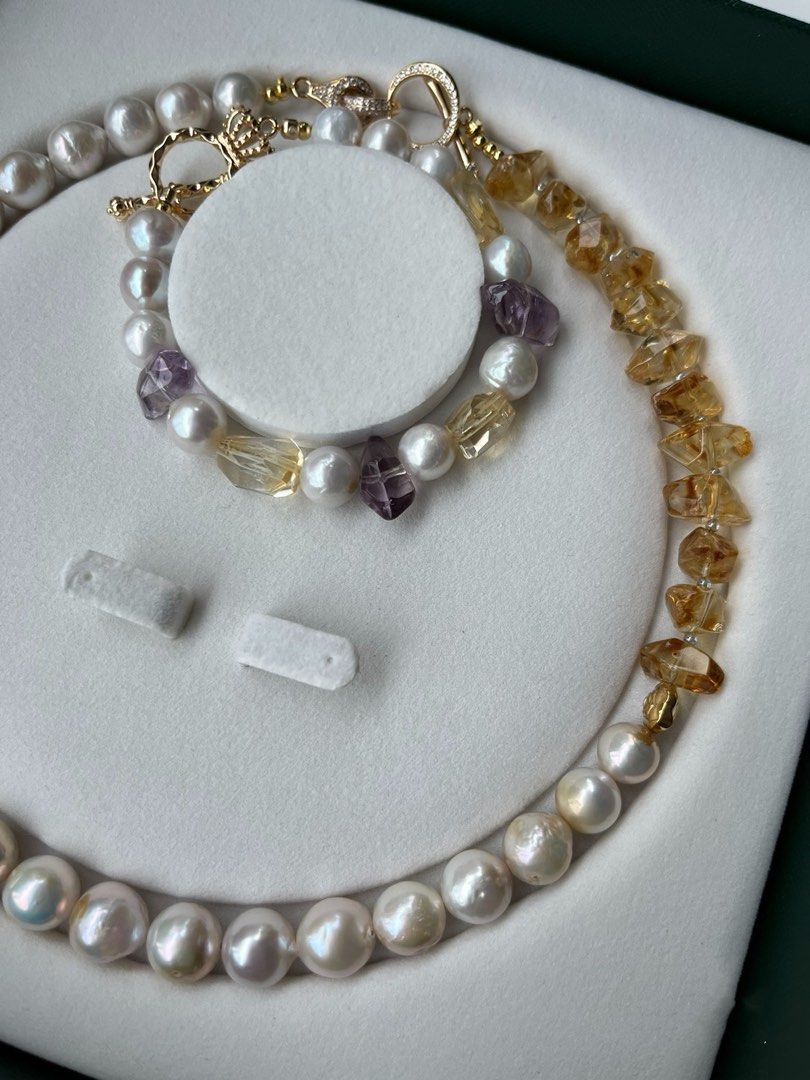 #PN237 Make a Presence | Freshwater Pearl Necklace & Bracelet Set|Yellow Quartz |Purple Quartz |High Quality National Stones|Big Baroque Pearl
