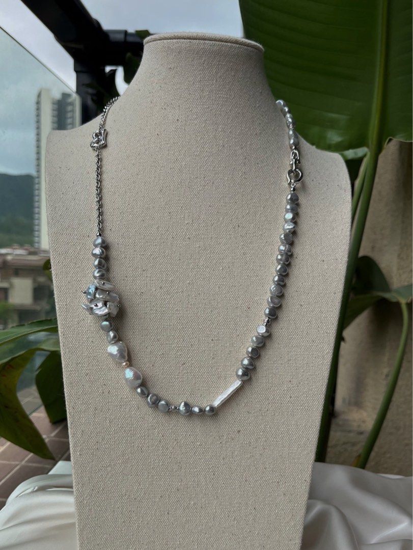 #PN129 [Floral Series] Freshwater Pearl Necklace & Bracelet Set|Silver Cool Style |Floral and Baroque Pearl