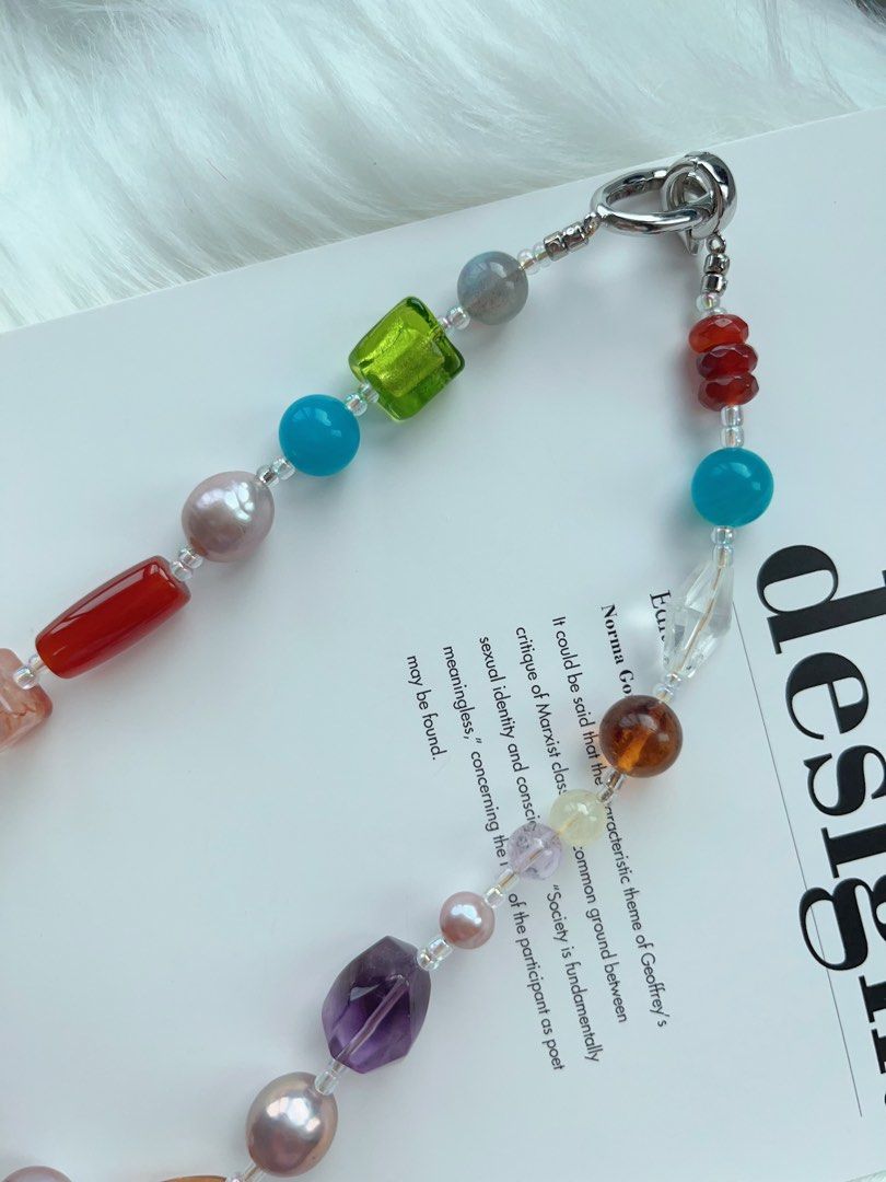 #PN275 [Open Box] Multi Natural Stones & Freshwater Pearl Necklace | Amazonite | Purple Quartz | Amber | Red Agate | Cinnabar | Lemon Quartz | Fluorite | Grey Moonstone | Big Baroque Pearl